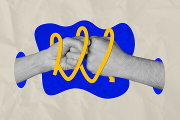 Composite photo collage of people two hands fist kick together bump boom collaboration worker partnership isolated on painted background