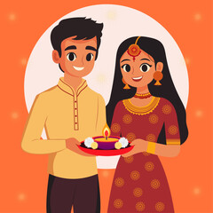 Minimalistic vector illustration of an Indian couple celebrating Diwali festival of lights