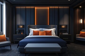 luxury dark blue bed in futuristic hotel room with sleek furniture featuring charcoal and rust palette 