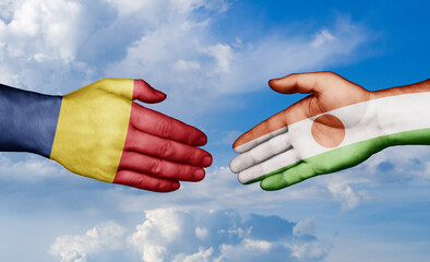 Niger and Romania country handshaking with flags, consensus concept international co-operation illustration
