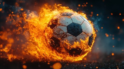 Fototapeta premium Soccer Ball Engulfed in Flames in Dramatic Fiery Motion