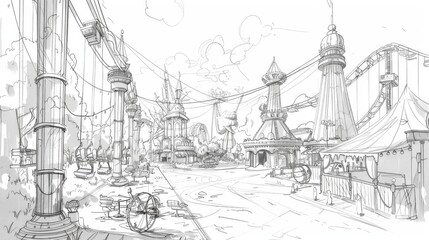 Obraz premium Illustrated concept sketch of an amusement park, with rough outlines and loose shapes