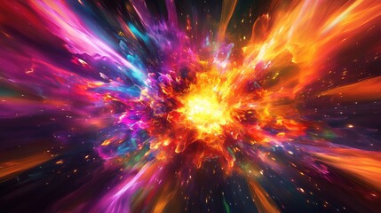 Obraz premium A burst of bright, angular shapes in neon colors exploding outward from the center, creating a high-energy abstract composition.