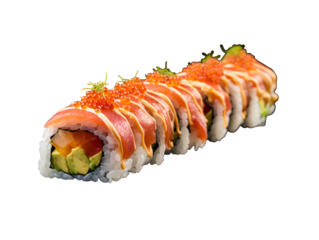 a sushi roll with red caviar and cheese