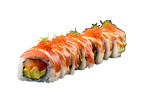 a sushi roll with red caviar and cheese