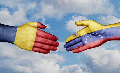 Venezuela and Romania country handshaking with flags, consensus concept international co-operation illustration