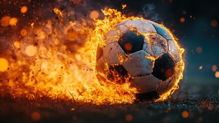 Fototapeta premium Soccer Ball Engulfed in Flames in Dramatic Fiery Motion
