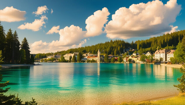 湖　空　雲　木　家　森　エメラルドグリーン