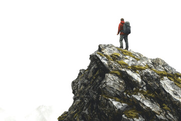 Hiker standing on mountain peak isolated background