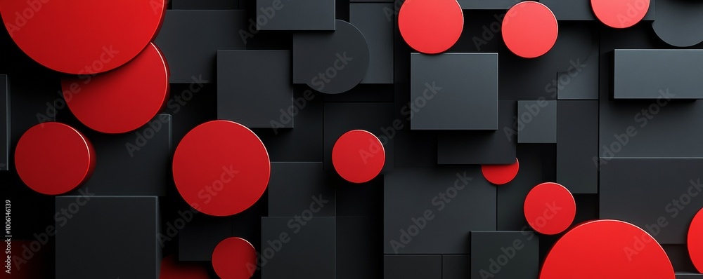 Poster Abstract geometric pattern with black and red circles and squares