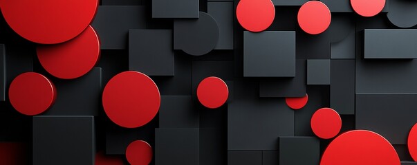 Abstract geometric pattern with black and red circles and squares