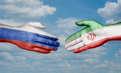 Iran and Russia country handshaking with flags, consensus concept international co-operation illustration