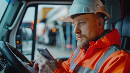 Construction Worker in Reflective Vest Using Smartphone in Truck Cabin