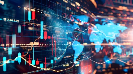 A close-up of a digital screen showing a world map with financial data and charts.