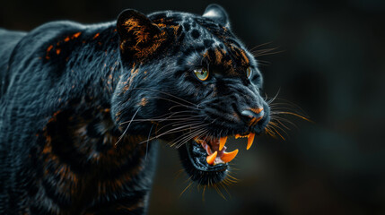 Angry black jaguar with open mouth at night background. 