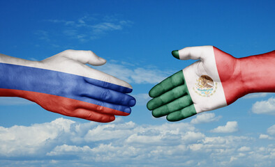 Mexico and Russia country handshaking with flags, consensus concept international co-operation illustration