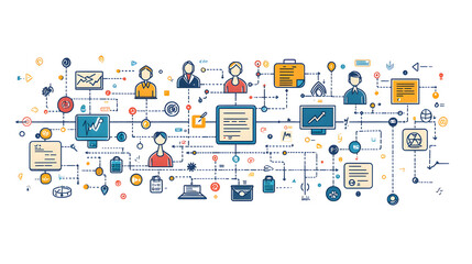 Colorful infographic illustrating communication and data flow with people, documents, and icons representing collaboration and technology.