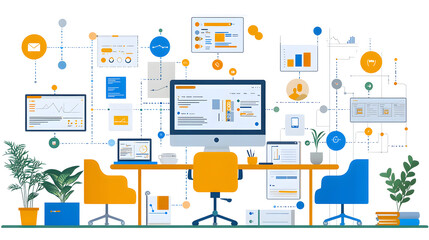 Fototapeta premium Modern office workspace featuring computers, charts, and plants, ideal for creative and business projects.