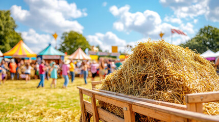 Hay bales stacked in a wooden cart at a vibrant agricultural fair with colorful tents and crowds enjoying the festivities