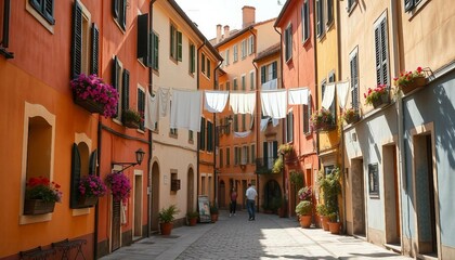 Tourist street with Italian-style houses featuring laundry on lines, full of charm.