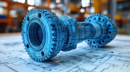 3D Printed Mechanical Part on Engineering Blueprint