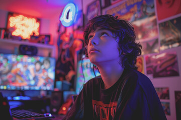 Obraz premium Child gamer boy in a neon-lit room, showing a winner expression while streaming.
