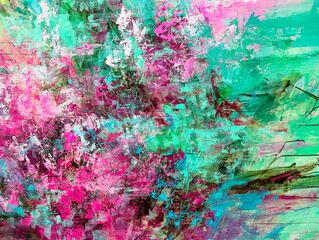 Abstract floral painting. Pink paint splashes. Beautiful artistic texture. Acrylic artwork on canvas. 
Blue and pink background. Blossom abstraction. Big brush strokes.   Drippings of watercolor 