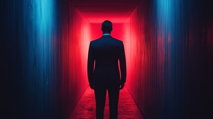 Obraz premium A man in a suit stands in a dark tunnel with red walls