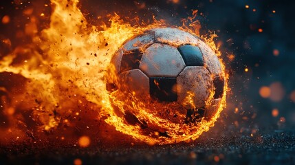 Fototapeta premium Soccer Ball Engulfed in Flames in Dramatic Fiery Motion