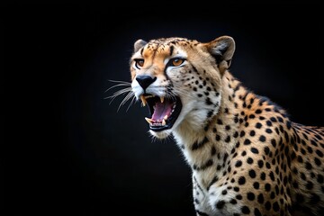 Fototapeta premium Cheetah Roaring on Black Background with Space for Text