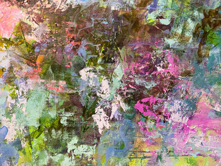Abstract floral painting. Pink paint splashes. Beautiful artistic texture. Acrylic artwork on canvas. 
Blue and pink background. Blossom abstraction. Big brush strokes.   Drippings of watercolor 