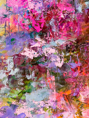 Abstract floral painting. Pink paint splashes. Beautiful artistic texture. Acrylic artwork on canvas. 
Blue and pink background. Blossom abstraction. Big brush strokes.   Drippings of watercolor 