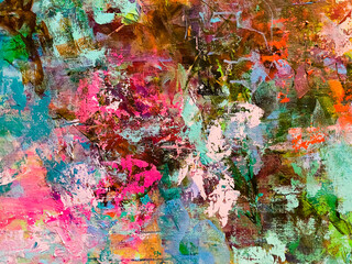 Abstract floral painting. Pink paint splashes. Beautiful artistic texture. Acrylic artwork on canvas. 
Blue and pink background. Blossom abstraction. Big brush strokes.   Drippings of watercolor 