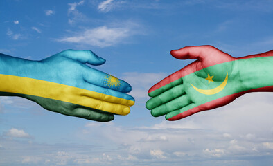 Mauritania and Rwanda country handshaking with flags, consensus concept international co-operation illustration