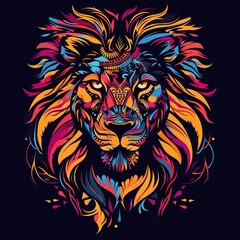 Lion head silhouette with vibrant tribal patterns.