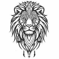 Obraz premium Lion head with tribal ornaments in simple line drawing.