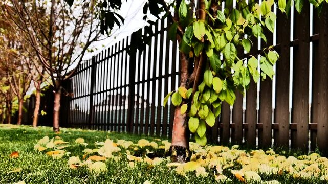 A beautiful autumn tree near a high fence