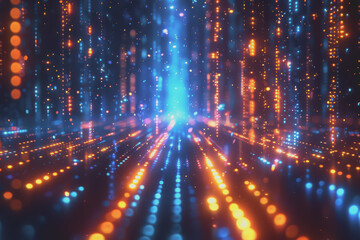 Fototapeta premium Futuristic digital abstraction Neon lights streaming data Binary code Blue and orange high tech.