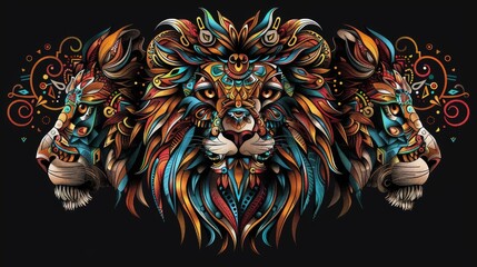 Lion head with vibrant tribal decorations portrayed realistically.