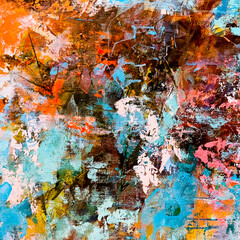 Abstract floral painting. Pink paint splashes. Beautiful artistic texture. Acrylic artwork on canvas. 
Blue and pink background. Blossom abstraction. Big brush strokes.   Drippings of watercolor 