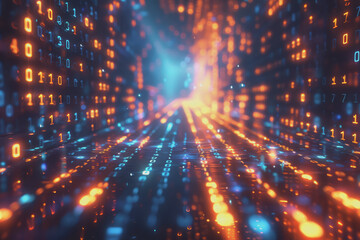 Obraz premium Futuristic digital abstraction Neon lights streaming data Binary code Blue and orange high tech.