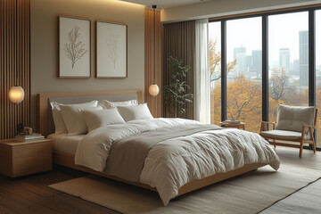 Fototapeta premium Calm minimalist bedroom designed for restful sleep and tranquility
