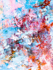 Abstract floral painting. Pink paint splashes. Beautiful artistic texture. Acrylic artwork on canvas. 
Blue and pink background. Blossom abstraction. Big brush strokes.   Drippings of watercolor 