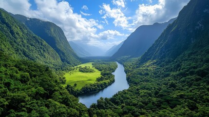 A lush valley nestled between two towering mountain ranges, with a calm river flowing through and forests stretching as far as the eye can see