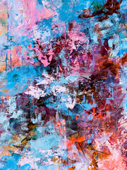 Abstract floral painting. Pink paint splashes. Beautiful artistic texture. Acrylic artwork on canvas. 
Blue and pink background. Blossom abstraction. Big brush strokes.   Drippings of watercolor 