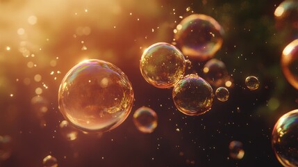 Golden Hour Bubbles:  A symphony of iridescent bubbles dances in the golden light of sunset, creating a magical, ethereal atmosphere.  Their delicate forms shimmer and float against the warm backdrop.