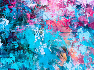 Abstract floral painting. Pink paint splashes. Beautiful artistic texture. Acrylic artwork on canvas. 
Blue and pink background. Blossom abstraction. Big brush strokes.   Drippings of watercolor 