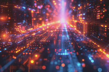 Obraz premium Futuristic digital abstraction Neon lights streaming data Binary code Blue and orange high tech.