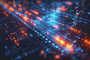 Obraz premium Futuristic digital abstraction Neon lights streaming data Binary code Blue and orange high tech.