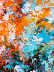 Abstract floral painting. Pink paint splashes. Beautiful artistic texture. Acrylic artwork on canvas. 
Blue and pink background. Blossom abstraction. Big brush strokes.   Drippings of watercolor 